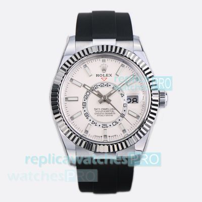 Swiss Copy ES Factory Rolex Sky-Dweller White Dial 42mm World Timer Oysterflex Watch 